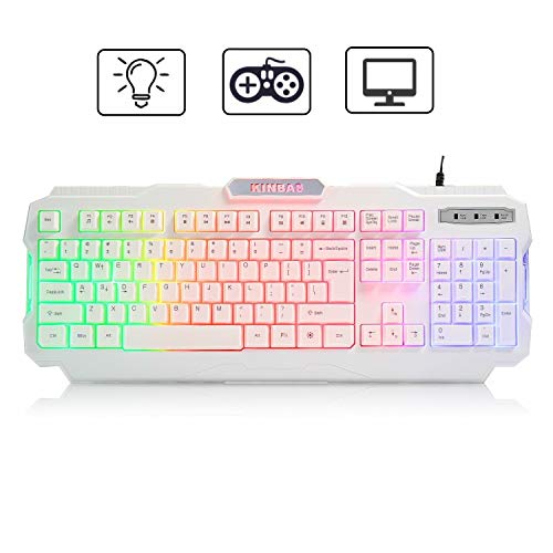 Product Cover Rainbow LED Backlit Gaming Keyboard with Anti-ghosting Multimedia Control, Lumsburry Large Size USB Wired Keyboard for PC Games Office (White)