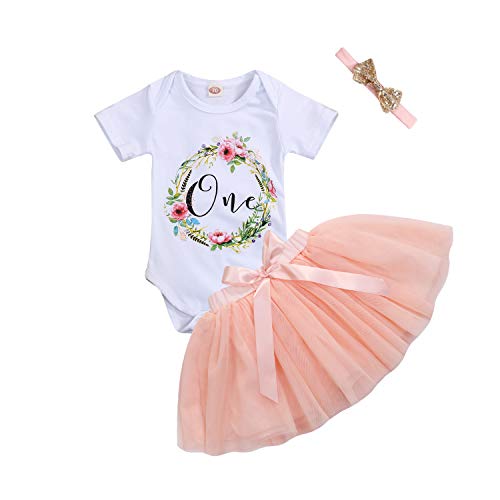 Product Cover 3Pcs Baby Girl One 1st Birthday Outfits Floral Romper Tulle Tutu Skirt Set Party Dress Costume Clothes (9-12 Months, Peach Color Skirt Set)