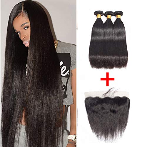 Product Cover Straight Human Hair 2 Bundles With 13×4 Ear to Ear Lace Frontal Free Part Closure Brazilian Unprocessed Virgin Human Hair Natural Color(12