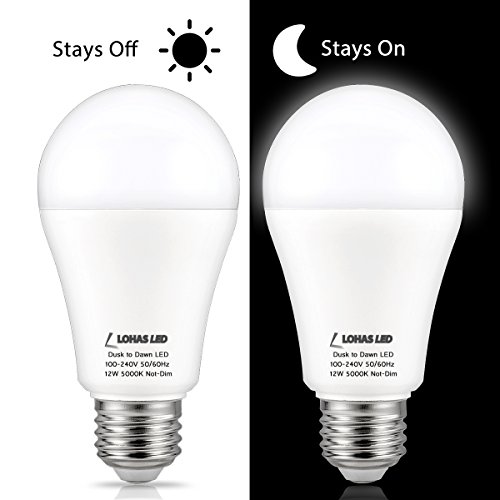 Product Cover Dusk to Dawn Sensor Light Bulb Outdoor Lighting, LOHAS A19 12W(100W Equivalent) LED Bulb Automatic On-Off Security Light, Daylight 5000K E26 Base, Porch Light Indoor Lighting for Garage Hallway, 2Pack