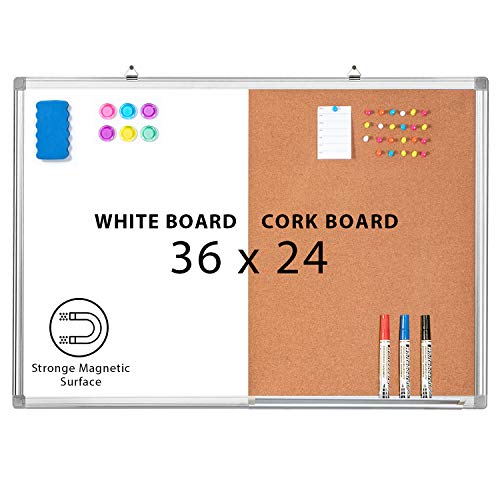 Product Cover Combination Whiteboard Bulletin Cork Board 36 x 24 Combo White Board Magnetic Dry Erase Board + Corkboard for Homeschooling, Office, Classroom Hanging Message Board Wall Mounted