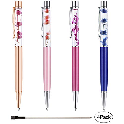 Product Cover Ballpoint Pen, BYSOU 4 Pieces Advanced Metal Dynamic Liquid Flower Pen Black Ink Pen Refills for School Office Supplies