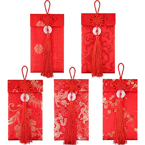 Product Cover 5 Styles Silk Red Envelopes Chinese Hongbao Lucky Envelopes Chinese Element Gift Card Envelopes for Christmas, New Year, Chinese Wedding (Red Envelopes with Chinese Knot)