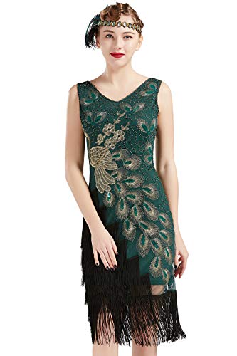 Product Cover BABEYOND 1920s Vintage Peacock Sequined Dress Gatsby Fringed Flapper Dress Roaring 20s Party Dress (Dark Green with Black Fringe, Large)