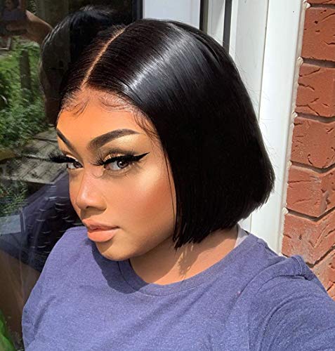 Product Cover Allove Hair 10a Short Bob Wigs for Black Women Straight Human Hair Wigs Pre Plucked with Natural Hairline Glueless Brazilian Virgin Remy T Part Lace Front Human Hair Wigs (8inch)