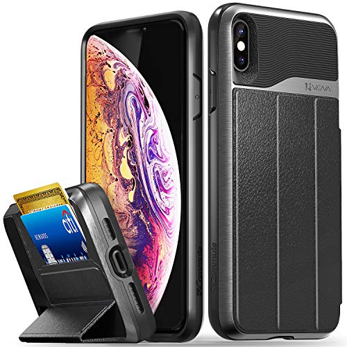 Product Cover Vena vCommute iPhone Xs Max Wallet Case, Military Grade Drop Protection, Flip Leather Cover Card Slot Holder with Kickstand Compatible with Apple iPhone Xs Max (Space Gray-Black)