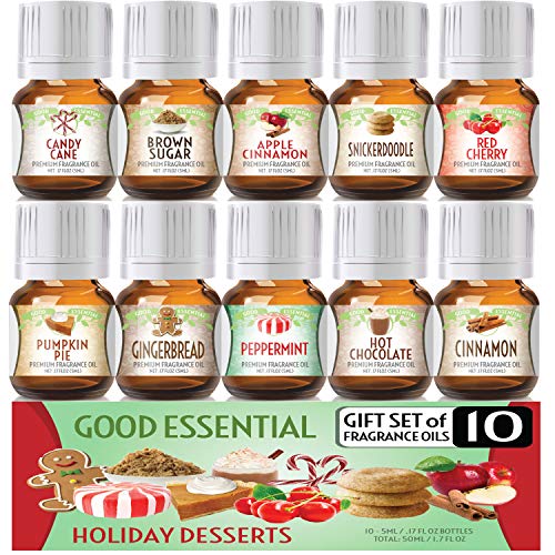 Product Cover Holiday Desserts Good Essential Fragrance Oil Set (PACK OF 10) 5ml Set - Peppermint, Apple Cinnamon, Hot Chocolate, Cherry, Pumpkin Pie, Candy Cane, Gingerbread, Snickerdoodle, Cinnamon, Brown Sugar