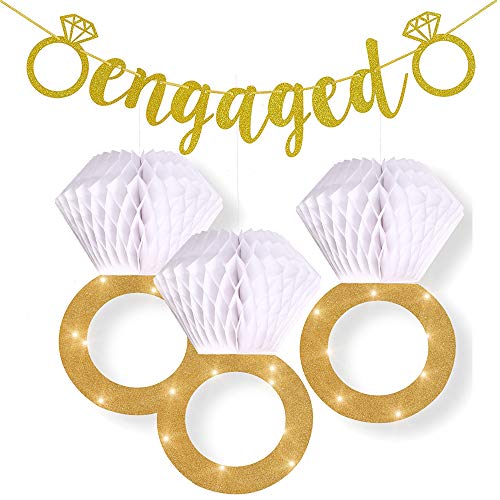 Product Cover Engagement Party Decorations|Bridal Shower Supplies| Honeycomb Ring Hanging Decorations,Glitter Gold Diamond Ring（(3pcs),Engaged Banner Gold Glittery Letters and Diamond Ring for Party Decorations