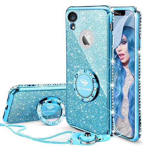Product Cover Cute iPhone XR Case, Glitter Luxury Bling Diamond Rhinestone Bumper with Ring Grip Kickstand Protective Thin Girly Pink iPhone XR Case for Women Girl - Blue