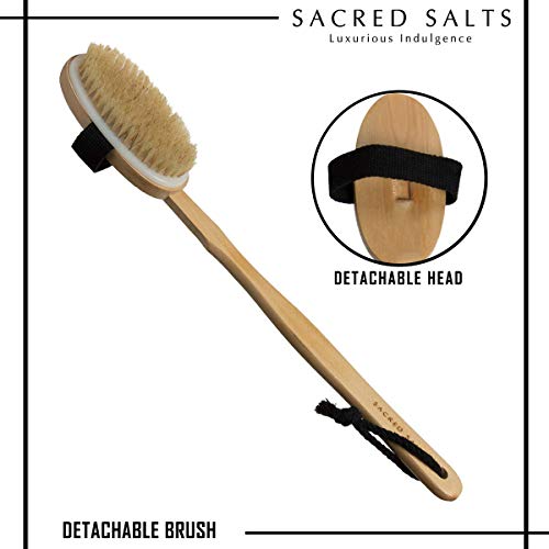 Product Cover Sacred Salts Wooden Bath Brush with Long Handle | 2-in-1 Body Brush with Detachable Handle | Natural Boar Bristles | Dry Brushing Removes Dead Skin & Improves Blood Circulation