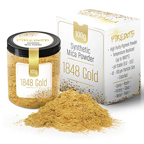 Product Cover FIREDOTS 1848 Gold Mica Powder, Massive 100 Gram Container of True Cosmetic Grade Gold Mica with Pearlescent Effect, 100% Pure for Artists Working in Resin Art, Epoxy, Concrete, Soaps, and Cosmetics