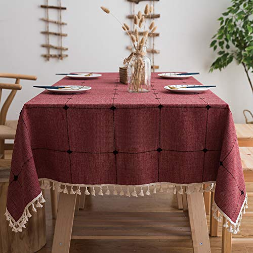 Product Cover Mokani Washable Cotton Linen Solid Embroidery Checkered Design Tablecloth, Rectangle Table Cover Great for Kitchen Dinning Tabletop Buffet Decoration (55 x 55 Inch, Red)