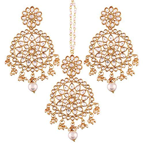 Product Cover Aheli Ethnic Faux Kundan Drop Pearl Beads Dangle Earrings Maang Tikka Set Bollyood Wedding Party Fashion Jewelry for Women