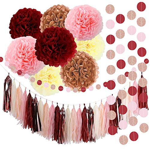 Product Cover Monkey Home 39pcs of Bachelorette Party Decorations Burgundy Glitter Rose Gold Blush Pink Ivory Tissue Paper Flowers Tassel Garland Wedding Bridal Shower Maroon Party Decorations