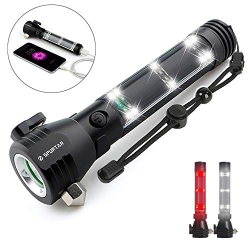 Product Cover Solar Flashlight, Emergency Light USB Rechargeable Car Flashlight Solar Powered 2000mAh Super Bright 500 Lumen Tactical Power Bank with Window Breaker, Seat Belt Cutter, Compass for Traveling, Camping