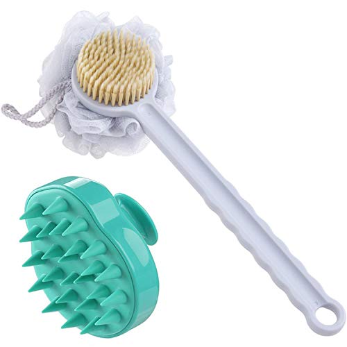 Product Cover Shower Body Brush with Bristles and Loofah & Hair Scalp Massager Shampoo Brush, Long Handle Bath Back Brush, Loofah Sponge Back Scrubber, Hair Scalp Massage Brush for Men,Women,Kids-2Pack (Gray&Green)