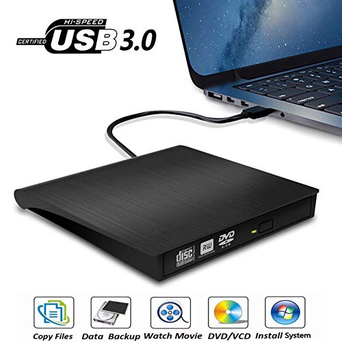 Product Cover External DVD Drive, USB 3.0 Portable CD/DVD+/-RW Drive/DVD Player for Laptop CD ROM Burner Compatible with Laptop Desktop PC Windows Linux OS Apple Mac Black