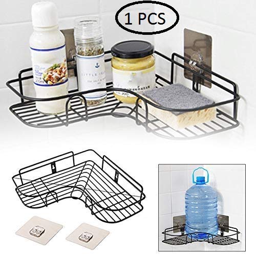 Product Cover TOUA Self-Adhesive Stainless Steel Bathroom Corner Shower Caddy Bathroom Self Wall Hanging Storage Organizer Kitchen Rack with Shampoo, Soap Holder Rack (Black)