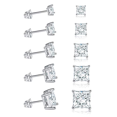 Product Cover MDFUN 18K White Gold Plated Princess Cut Clear Cubic Zirconia Stud Earring Pack of 5 Pairs