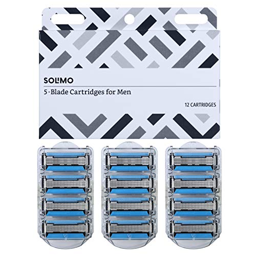 Product Cover Solimo 5-Blade Razor Refills for Men with Dual Lubrication and Precision Beard Trimmer, 12 Cartridges (Fits Solimo Razor Handles only)