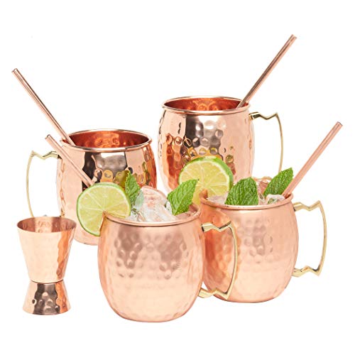 Product Cover Kitchen Science Moscow Mule Copper Mugs 16 Ounce with 4 Straws and Jigger Set