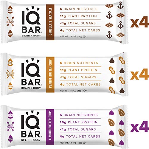 Product Cover IQ BAR Brain + Body Bars, Chocolate Lovers Variety | Keto, Paleo-Friendly, Vegan | 10-11g Protein, <1g Sugar, 4g Net Carbs | Non-GMO, Gluten-Free, No Sugar Alcohols | 12-Count (3 Flavors)