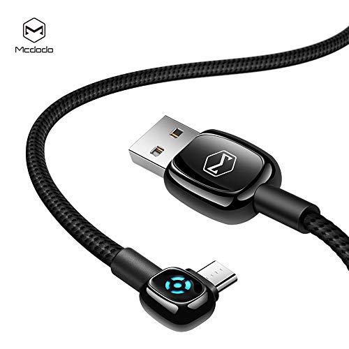 Product Cover [ Micro USB ] Power Off/On Smart LED Auto Disconnect, Mcdodo 90 Degree Right Angle Game Nylon Braided Sync Charge USB Data 5FT/1.5M Cable Compatible Samsung/HTC/Motorola More (Micro Black, 5FT/1.5M)