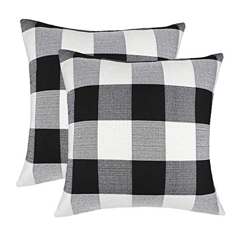 Product Cover 4TH Emotion Set of 2 Farmhouse Buffalo Check Plaid Throw Pillow Covers Cushion Case Cotton Linen for Fall Home Decor Black and White, 26 x 26 Inches