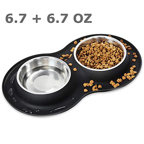 Product Cover Kulmeo Cat Food Bowls Stainless Steel Dog Food and Water Bowls with Non Skid Silicone Mat Spill Proof Puppy Bowl Small Pets Cats Dogs Rabbits 6.7oz Black