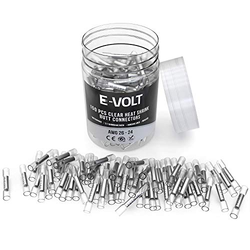 Product Cover E-Volt Insulated Crimp Butt Terminals - 150 PC Weather Resistant Heat Shrink Wire Connectors for 26 24 Gauge Wires - Industrial Grade Crimp Connectors for Automotive, Marine and Audio