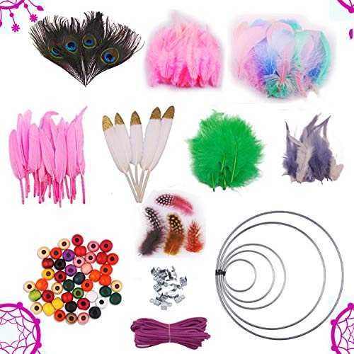 Product Cover Dushi DIY Feathers Dream Catcher Craft Kits with Loop Bohmia Colorful Feathers Dangle Making Kit with String & Colorful Beads Accessories (Dream Catcher Craft kit)