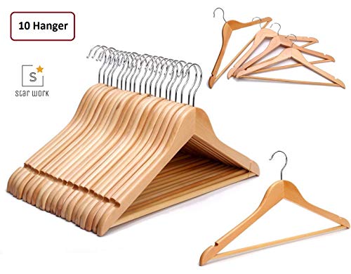 Product Cover Multi Functional Solid Wooden Suit Hangers(10), Coat Hangers, Natural Finish with 2 Shoulder Notches 360 Degree Swivel Hook (10)