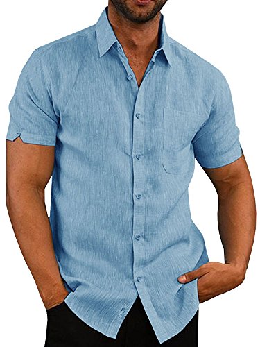 Product Cover Pengfei Mens Short Sleeve Shirts Linen Cotton Button Down Tees Spread Collar Plain Shirts