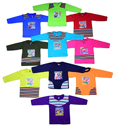 Product Cover ISAKAA Boy's and Girl's Cotton Partly Striped Full Sleeve T-shirt (2-3 Years) -Combo Pack of 10