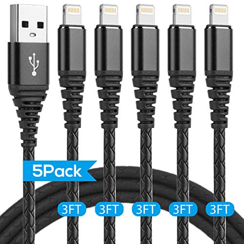 Product Cover iPhone Charger Cable,(5 Pack) 3ft Lightning Cable & 3 foot Metal Connector iPhone Cord, 3 Feet USB Fast Charging Wire Compatible with iPhone Xs max / xr /x/8/8 Plus/7/7 Plus/6/6 Plus/ 5s