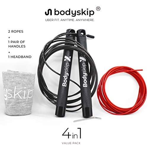 Product Cover Bodyband Skip-X Skip Jump Cross 4 In-1 Spin Rope, Pair of Hyper Speed Rotational Bearing Lightweight Handles, Soft Microfiber Headband and Workout Guide for Men and Women