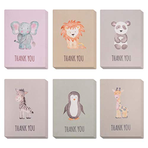 Product Cover Animal Thank You Cards, Perfect for Kids & Baby Shower. Bulk Set of 30 Small & Cute Cards Ideal for any Occasion. Blank on the Inside with Matching Green Envelopes Included.