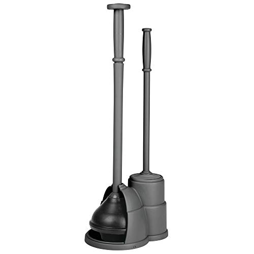 Product Cover mDesign Modern Slim Compact Freestanding Plastic Toilet Bowl Brush and Plunger Combo Set with Holder for Bathroom Storage Organization, Sturdy, Heavy Duty, Deep Cleaning, Covered Brush - Charcoal Gray