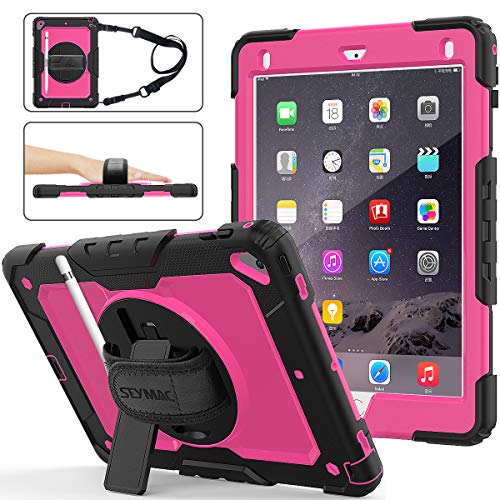 Product Cover iPad 6th/5th Generation Case, SEYMAC Stock [Full-Body] Drop Proof Hybrid Armor Case with 360 Rotating Stand [Pencil Holder][Screen Protector] Hand Strap for iPad 6th/5th/ Air 2/ Pro 9.7 (Rose+Black)