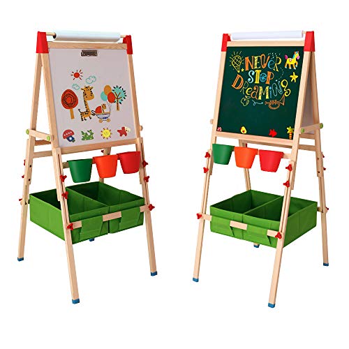 Product Cover Arkmiido Kids Easel with Paper Roll Double-Sided Whiteboard & Chalkboard Standing Easel with Numbers and Other Accessories for Kids and Tollders (with Paper roll)