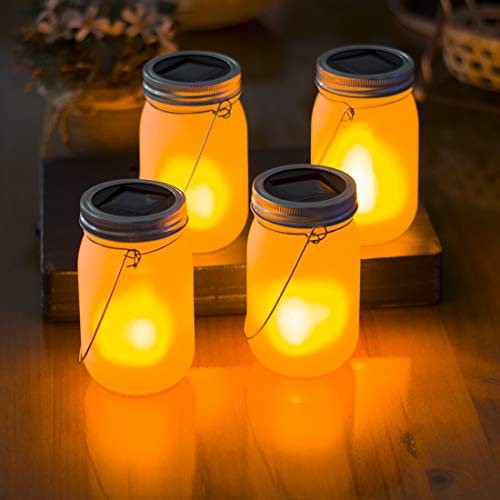 Product Cover Solar Mason Jar Light with The Flickering Flame Effect(Mason Jar/Hanger Included) 4 Pack,Outdoor Solar Table Light for Patio Yard Garden Party Wedding Christmas,Outdoor Decorative Hanging Light Zkee