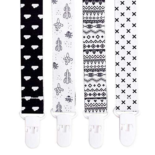 Product Cover Pacifier Clips - 4 Pack Set of Unique Modern Design in Black and White. Binky Clip Fits All Pacifiers/Soothers. Unisex for Boys and Girls Non-Toxic Teether Holder - Perfect Baby Shower Gift