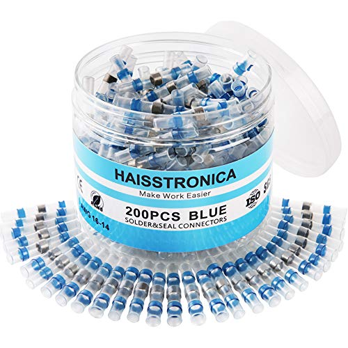 Product Cover haisstronica 200PCS Solder Seal Wire Connectors ,Waterproof Wire Connectors, Heat Shrink Butt Connectors for Watercraft,Electrical,Electronics 16-14 Blue