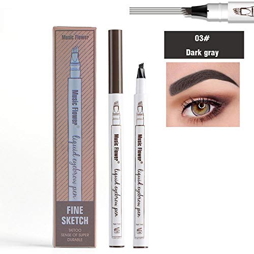 Product Cover Music Flower Waterproof Liquid Eyebrow Pencil with 4 Fork Tip, Fine Sketch Liquid Eyebrow Tattoo Pen Smudge-proof and Durable (Dark-Grey)