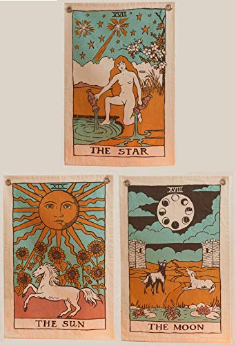 Product Cover Tarot Flag Tapestry - The Sun, The Moon and The Star - Bohemian Cotton Printed Hand Made Wall Hanging Tapestries with Steel Grommets, Beige, Pack of 3