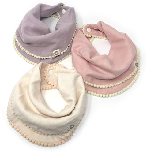 Product Cover Indi by Kishu Baby - Pom Pom Bibs for Girls with Snaps - 100% Organic Cotton Muslin Exclusive of Trim - 3 Buttery Soft, Solid Color Drool Bibs for Teething Babies