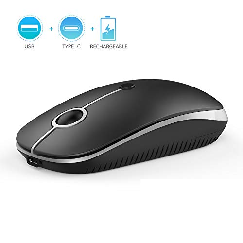Product Cover Type C Wireless Mouse, Jelly Comb Dual Mode 2.4Ghz Rechargeable Slim Wireless Mouse with Nano USB and Type C Receiver for PC Laptop, MacBook pro, MacBook air, iMac and More-MS05 (Black and Silver)