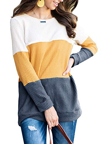 Product Cover CNJFJ Womens Long Sleeve Waffle Knit T Shirt Colour Block Loose Plain Tunic Blouse Tops Yellow