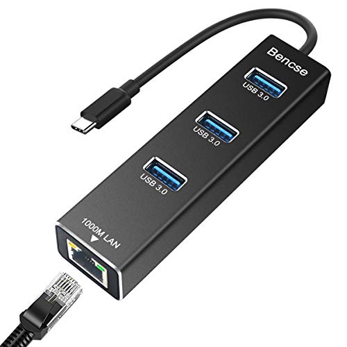 Product Cover BENCSE USB C to Ethernet Adapter, Type C to 3 USB 3.0 Ports, RJ45 Gigabit Network Hub, 10/100/1000 Mbps, Compatible with MacBook Pro 2019/2018/2017 and Other Type C Laptops, Black