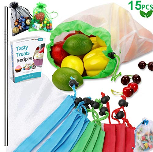 Product Cover Reusable Produce Bags, 15PCS -12 Washable Mesh Bag, 2 Mini Bag, 1 Metal Straw, with Eco Friendly Toy Fruit Vegetable Produce Bags with Drawstrings for Home Shopping Grocery - 3 Various Sizes